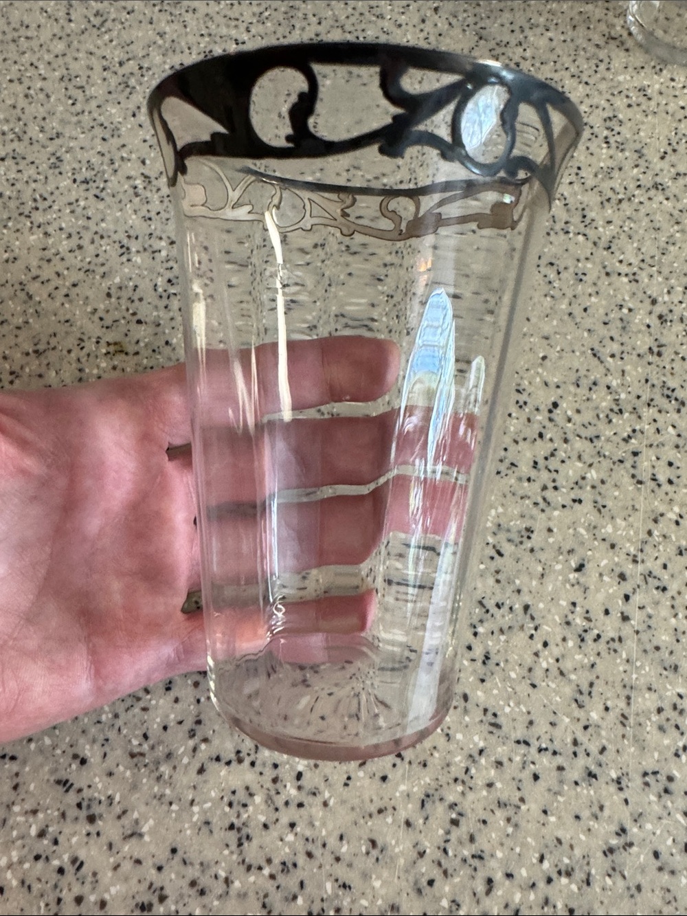 Set of 8 Clear Vintage 60s  Crystal Glasses with Silver Scroll Rim